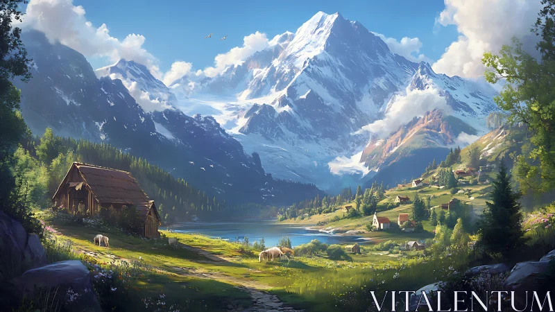 Sunlit alpine valley unfolds beneath towering snow peaks