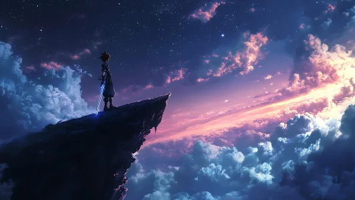 Sky-edge wanderer with glowing blade above stormlight.