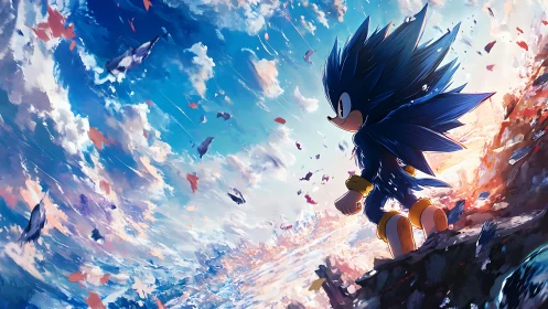 Storm-running blue hero atop a swirling sky horizon.