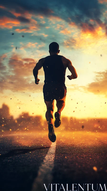 Backlit runner on asphalt road under vivid sunset sky.