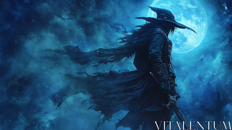 Cloaked swordsman stands in blue moonlit night sky
