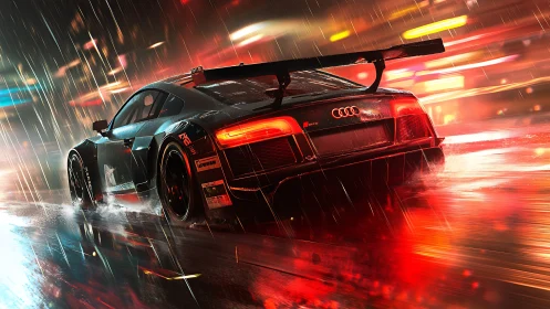 Audi race car on wet neon-lit city street at night.