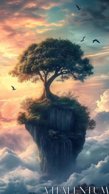 Lone tree crowns a floating island amid radiant clouds.
