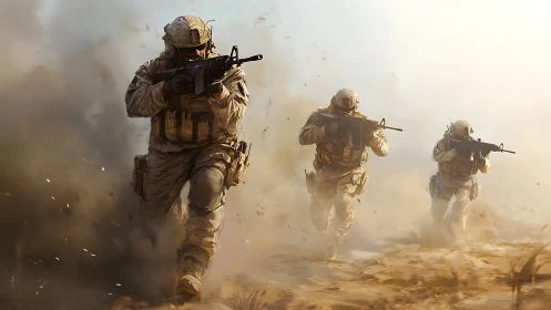Armed soldiers advance through dusty battlefield terrain.