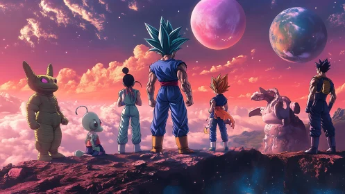 Celestial warriors survey tri-planet sky over neon cloudscape.