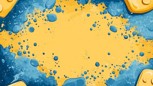 Splashfield of blue bubbles on molten golden canvas frame.