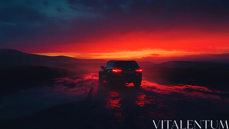 SUV cruises wet coastal road under vivid red sunset glow