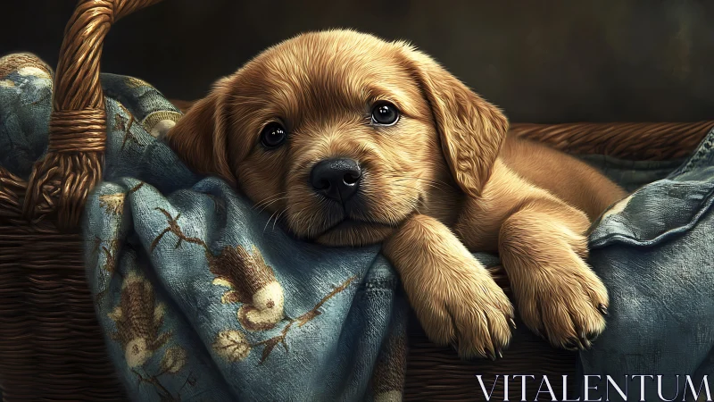 Golden puppy rests in woven basket on patterned blanket