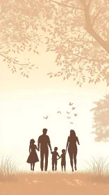 Silhouetted family walks beneath leafy canopy at sunset