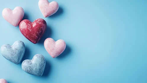 Painted Hearts Rest on Soft Blue Background