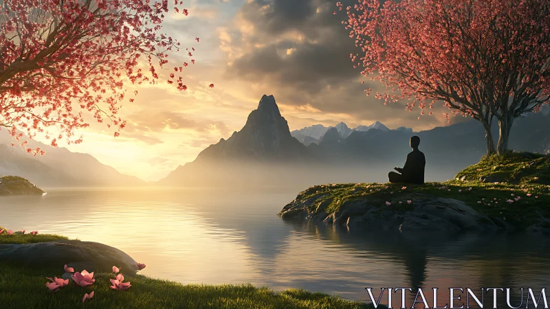 Meditating silhouettes cradle dawn between cherry blossom shores