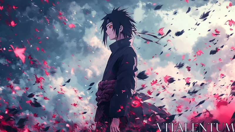 Anime swordsman stands amid swirling red leaves and clouds