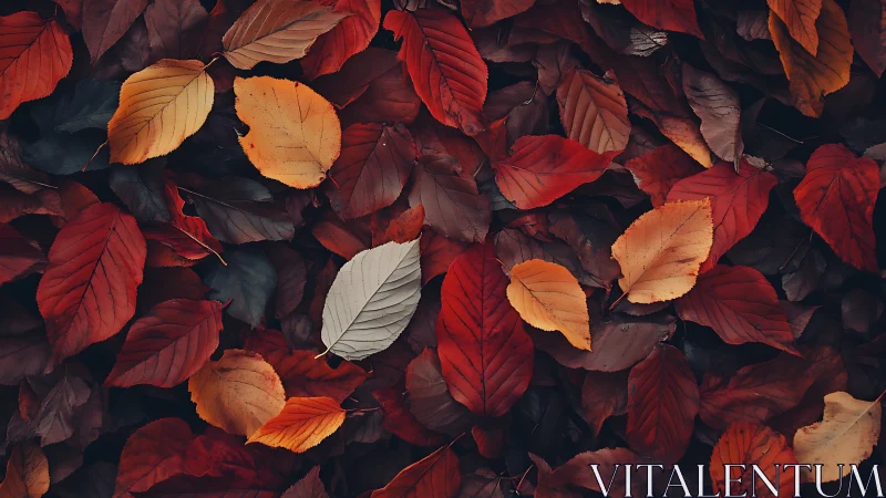 Overhead view of dry multicolored autumn leaves on ground.