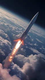 Supersonic launch vehicle piercing mesosphere with exhaust plume.