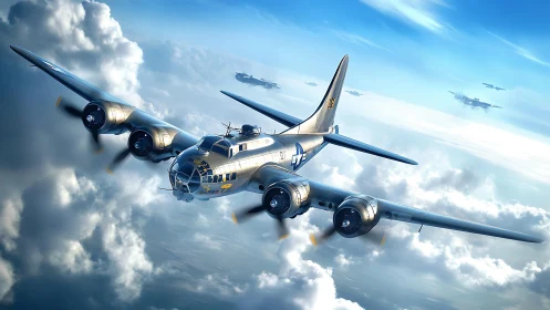 Four‑engine bomber aircraft flies above dense cloud layer