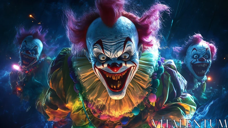 Grotesque killer clown trio in vivid neon horror scene.