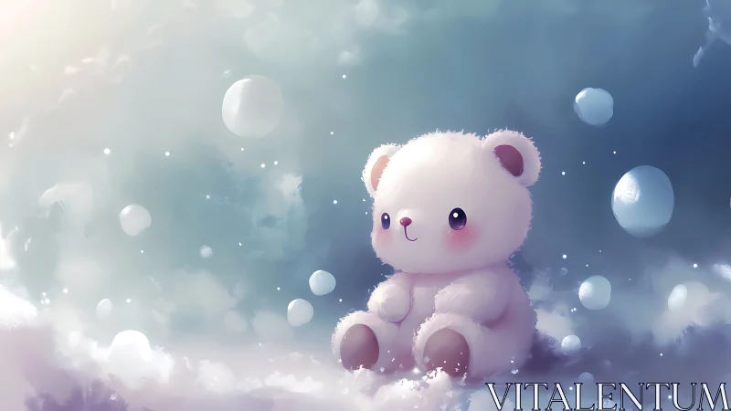 White plush bear in soft snowy digital environment.