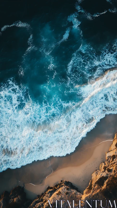 Aerial surf breaking against sunlit rocky shoreline at dusk.