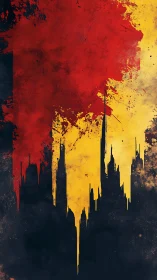 Vertical crimson and ochre drips forming abstract skyline.