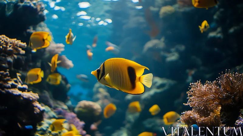 Tropical butterflyfish glides through sunlit coral reef seascape.