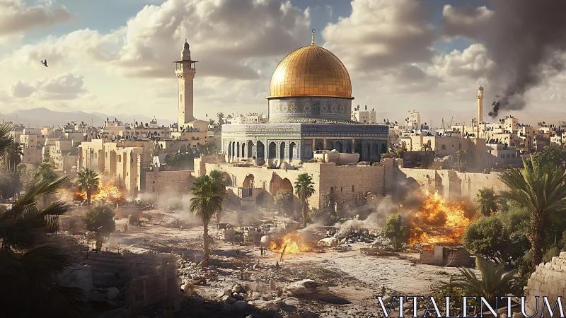 Dome of the Rock amid urban ruins and burning conflict.