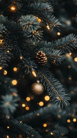 Golden ornament hangs amid dark fir branches and lights