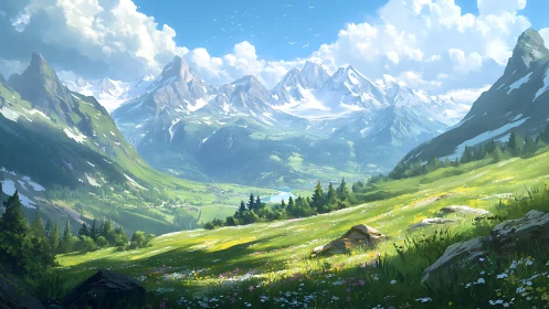 Sunlit alpine valley opens toward distant snowy summits.