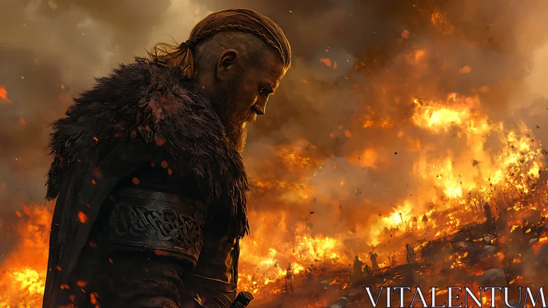 Viking warrior profile amid blazing battlefield inferno.