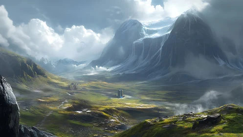 Digital matte landscape with monolithic sci-fi structure.