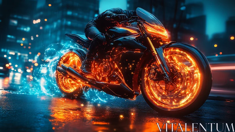 Cyberpunk superbike with molten plasma wheels in neon rain