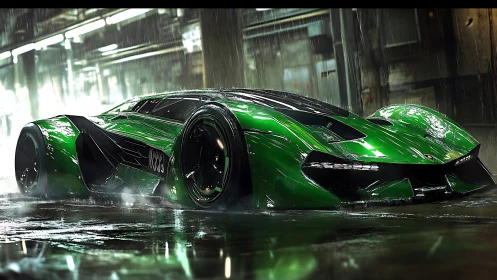 Sleek neon green supercar glowing in a rainy city night.