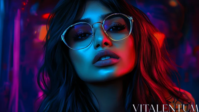 Female portrait in neon lighting with reflective glasses.