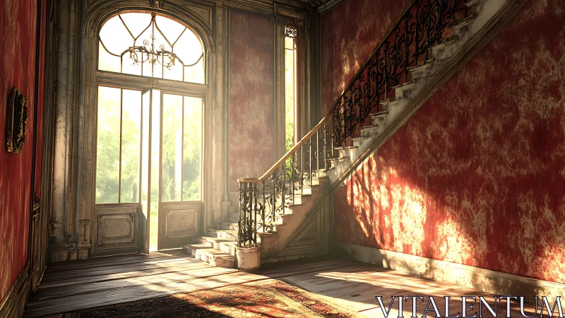 Sunlit grand staircase in weathered red walled foyer interior.