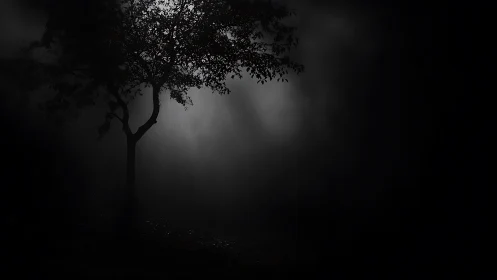 Single tree silhouette in dense darkness with backlighting.