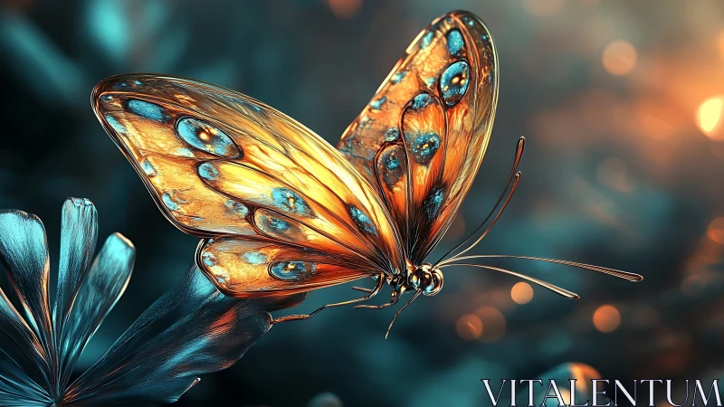 Luminous cyber butterfly poised on metallic petals at dusk.
