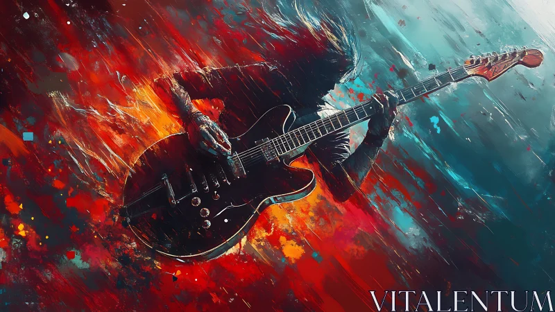 Kinetic electric guitarist silhouette in turbulent chromatic field.