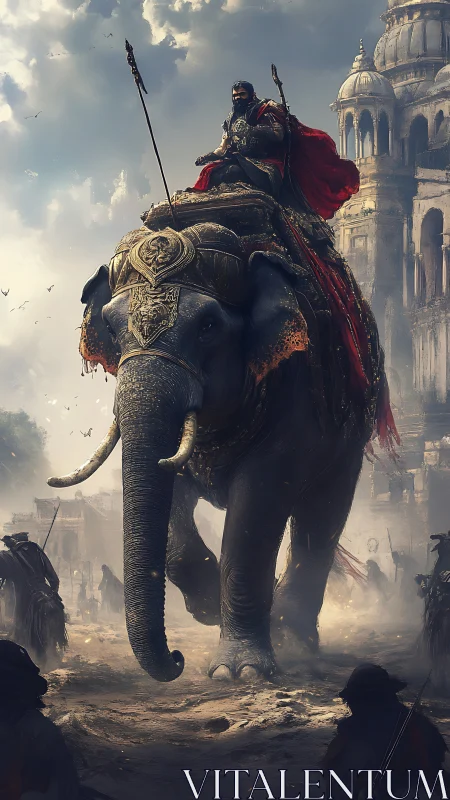 Warrior prince rides armored elephant through dusty city.