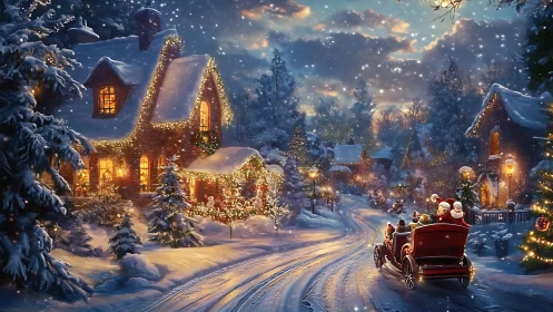 Snowy Christmas village glows under festive carriage lights.