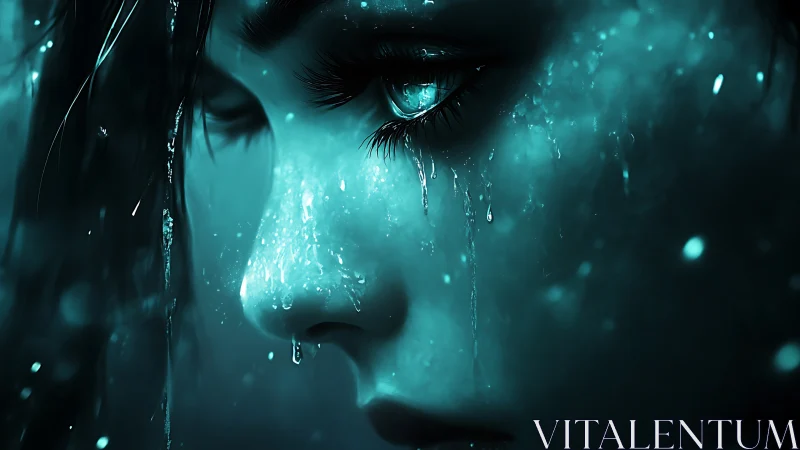 Close-up digital portrait of wet face in teal lighting.