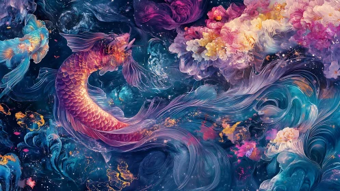 Spectral koi vortex with chromatic floral turbulence rendered.