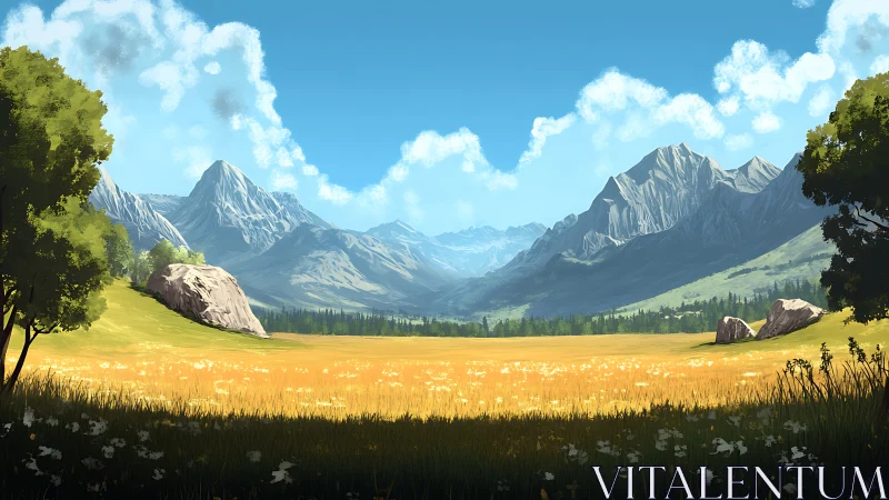 Sunlit alpine meadow opening toward distant jagged peaks.