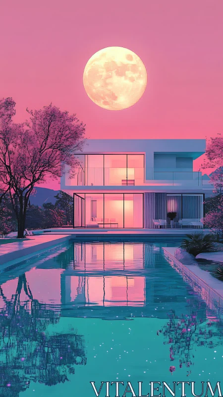 Modern glass villa glows under oversized full moon
