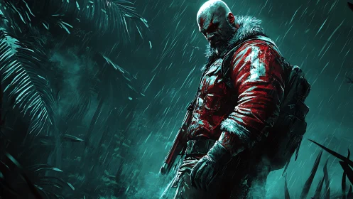 Bloodied soldier in red coat under torrential jungle rain.