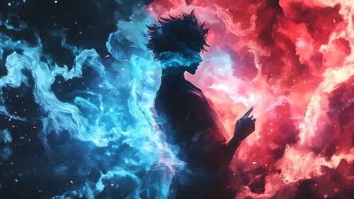 Silhouette sorcerer dividing blue frost and red flame.
