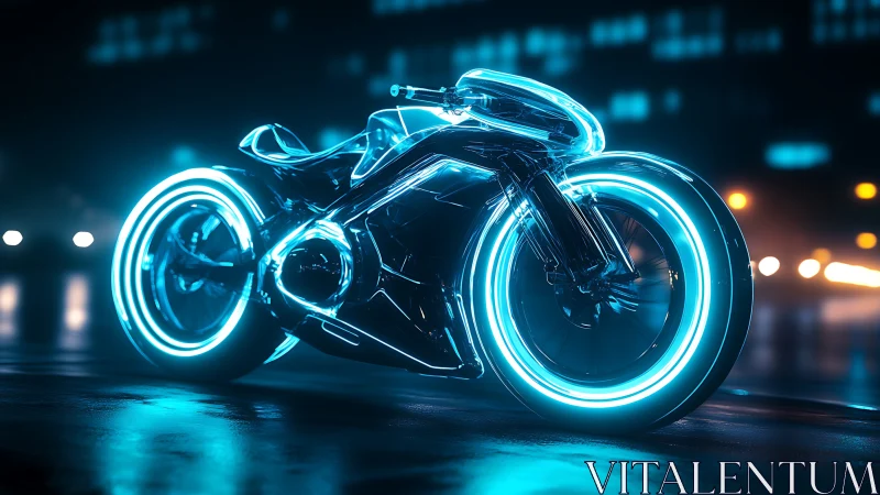 Futuristic neon motorcycle on wet city street at night.