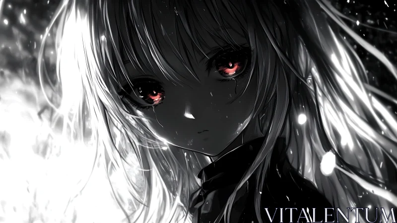 Soft monochrome gaze with ember-bright anime eyes at dusk.