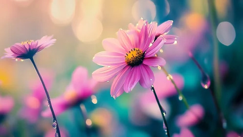 Pink daisy flowers with water droplets and blurred background