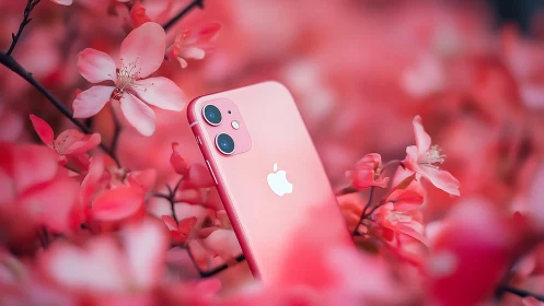 Pink iPhone 12 Surrounded by Cherry Blossoms.