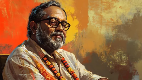 Middle-aged man portrait with warm textured abstract background.