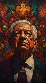 Stoic elder under blazing crown of painted memory.